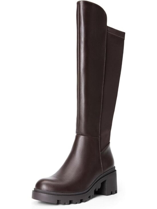 Shoes - DREAM PAIRS Women's Brown-pu Knee High Platform Chunky Boots Round Toe Side Zip